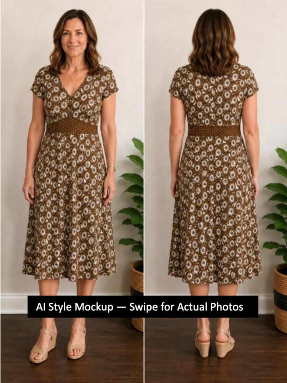 Boden Brown Floral Polka Dot Midi Dress Short Sleeve V-Neck Size UK 14R - US 10